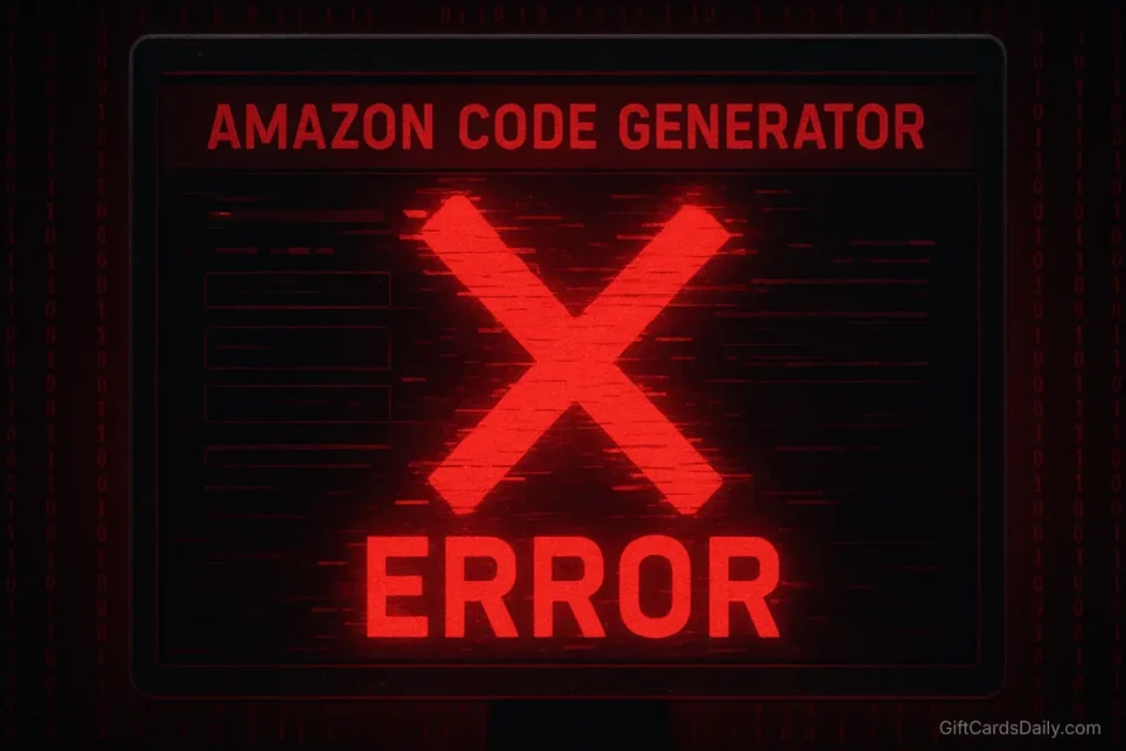A glitchy computer screen showing a fake code generator with a red error warning symbol indicating a scam.