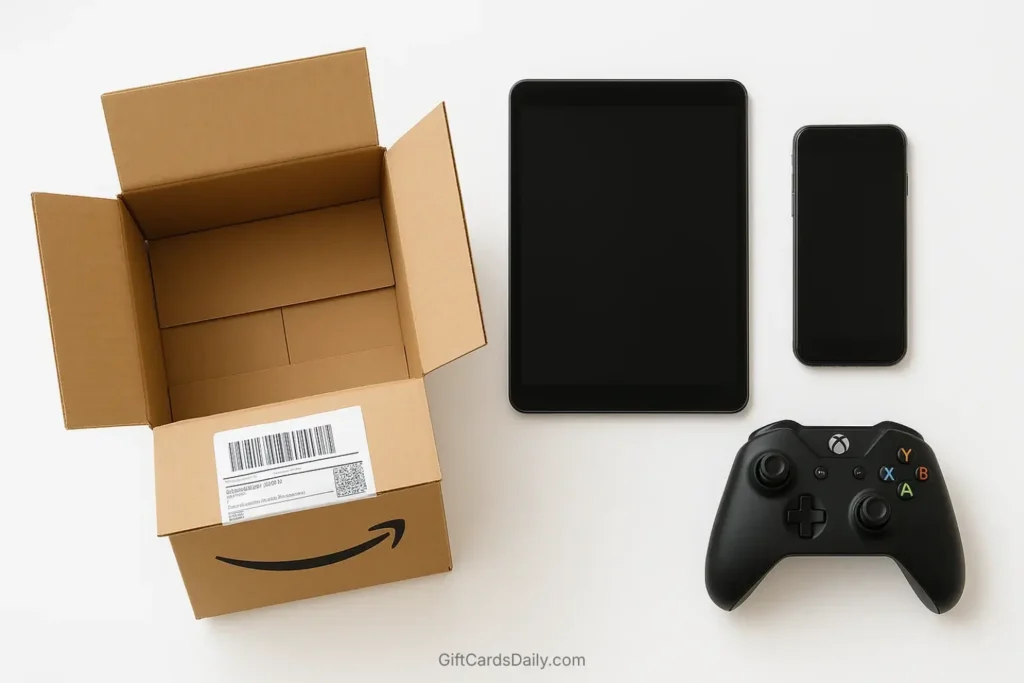 A collection of old electronics including a tablet and phone next to an Amazon shipping box for the trade-in program.