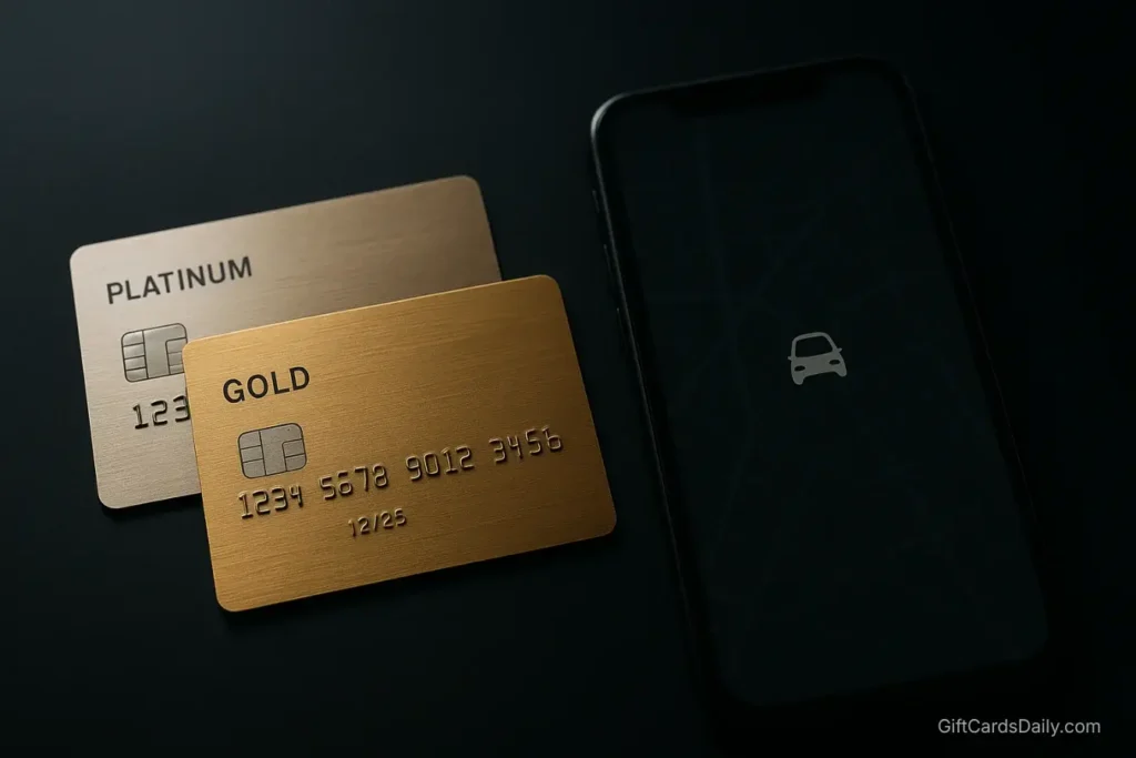 A silver metal credit card and a gold metal credit card resting on a dark surface next to a smartphone showing a ride-share map.