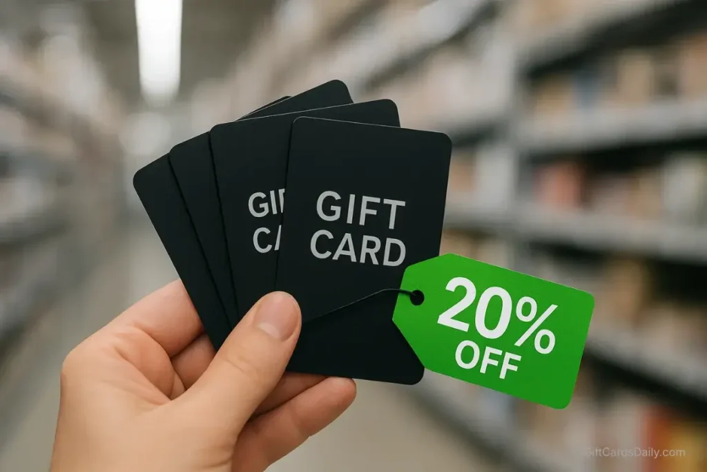 A hand fanning out several black gift cards with a green percentage tag indicating a discount.