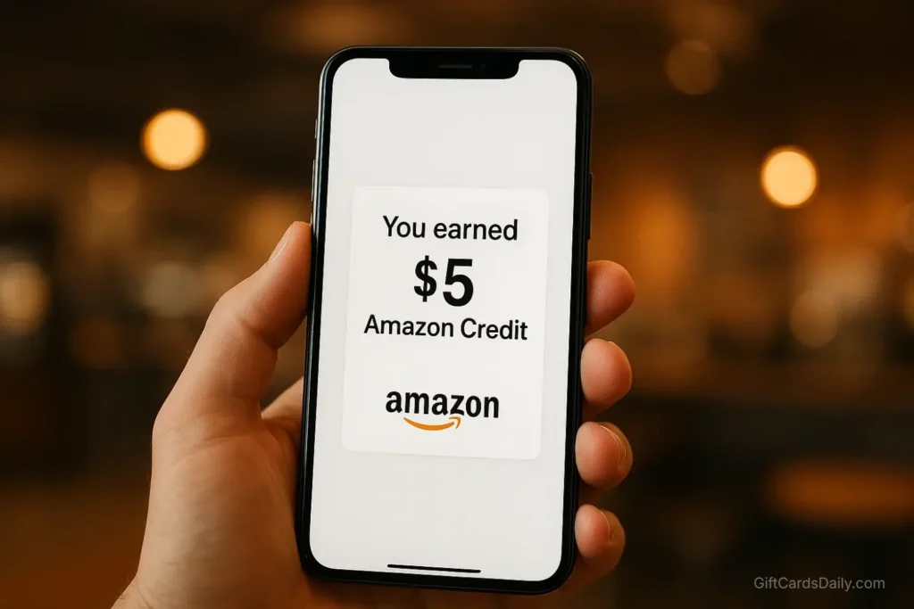 A smartphone screen displaying a notification for earned Amazon credit from a reward app.