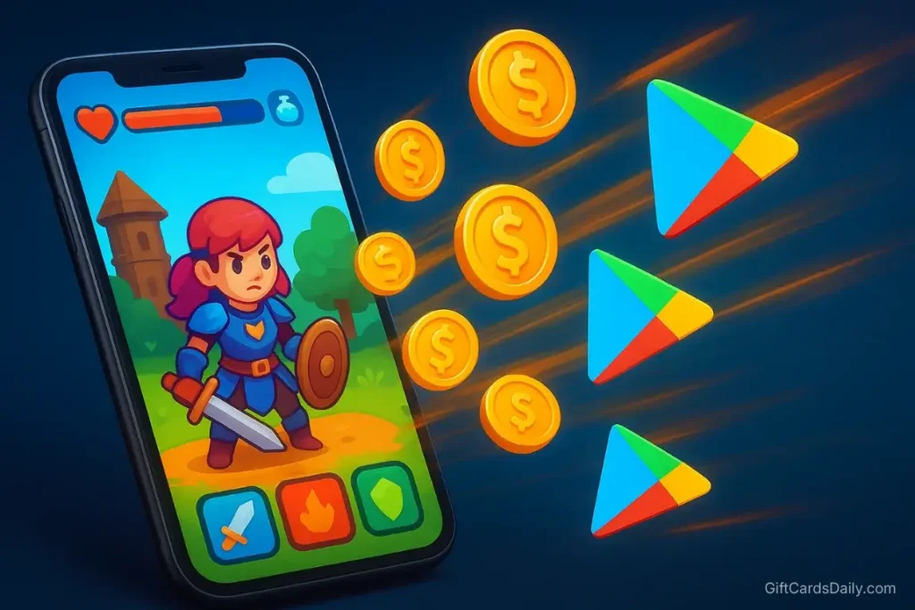 A smartphone running a mobile game with digital coins flying out, representing earning credits through gameplay.