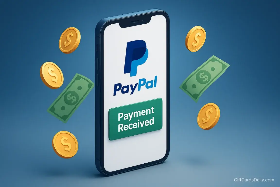 A smartphone displaying a PayPal payment received notification surrounded by floating gold coins and cash.