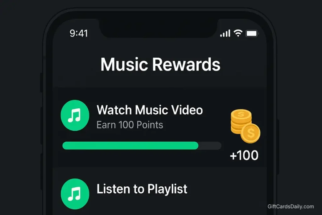 Mobile app interface showing tasks to watch videos and earn points for music streaming.