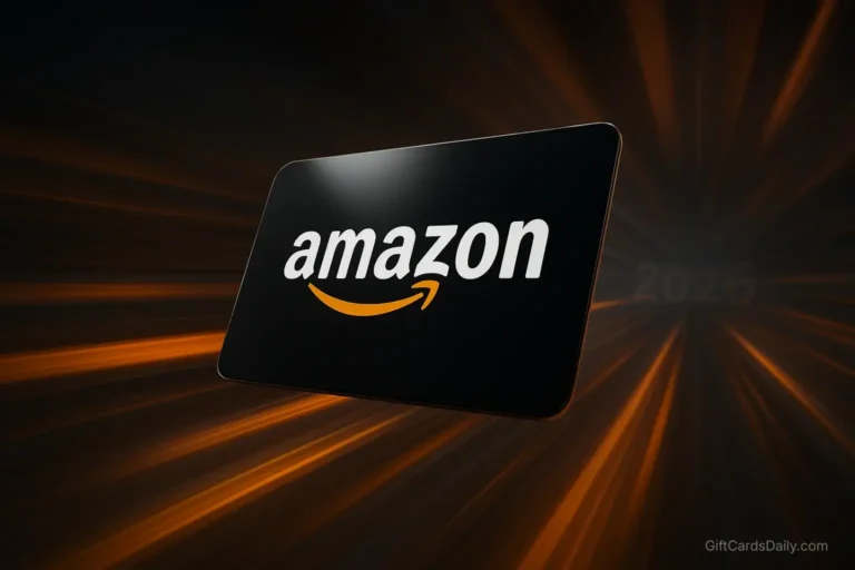 An Amazon gift card moving at high speed through a digital tunnel, representing fast daily earnings in 2026.