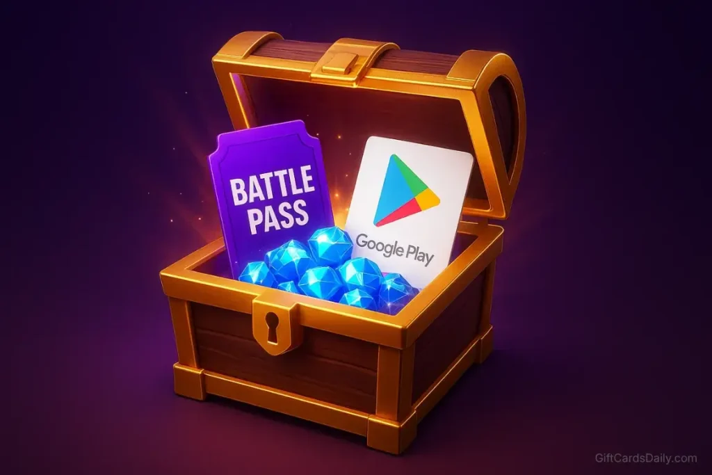 An open gaming loot box filled with a Battle Pass, premium gems, and Google Play credits.