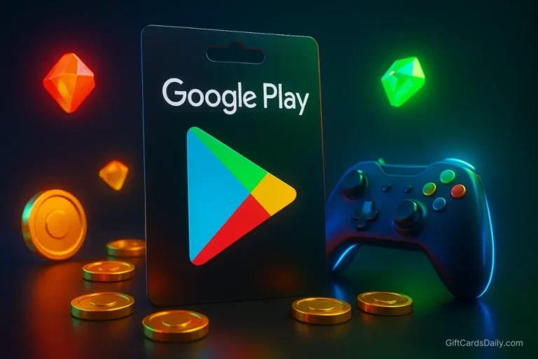 A 3D Google Play gift card surrounded by gaming gems and a controller, symbolizing legitimate gaming rewards.