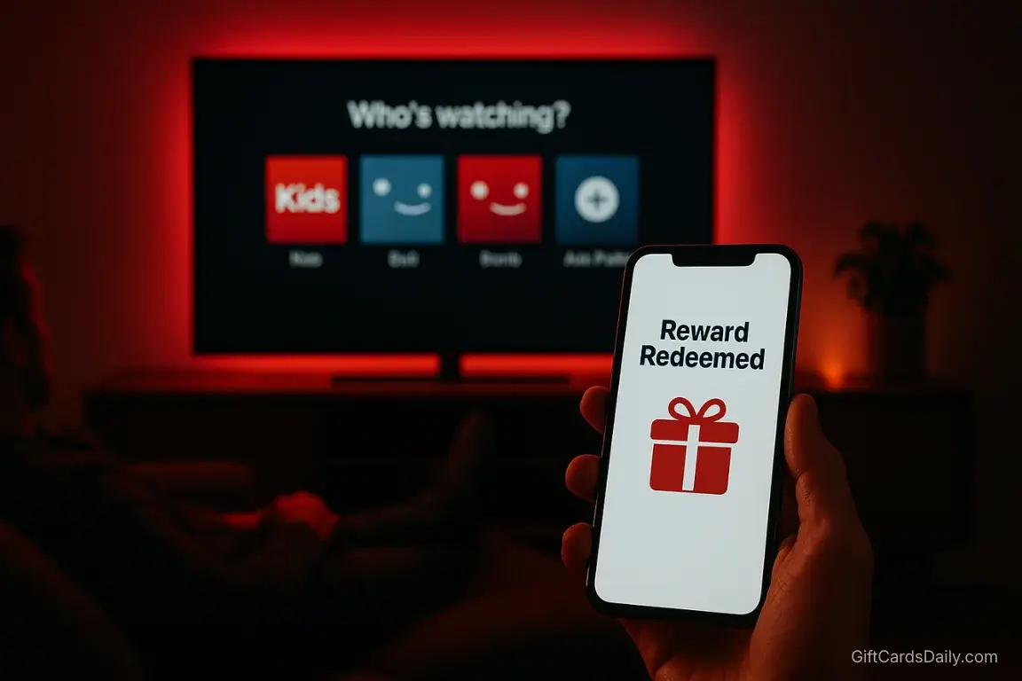 A person holding a smartphone with a redeemed reward in front of a TV showing the Netflix home screen.