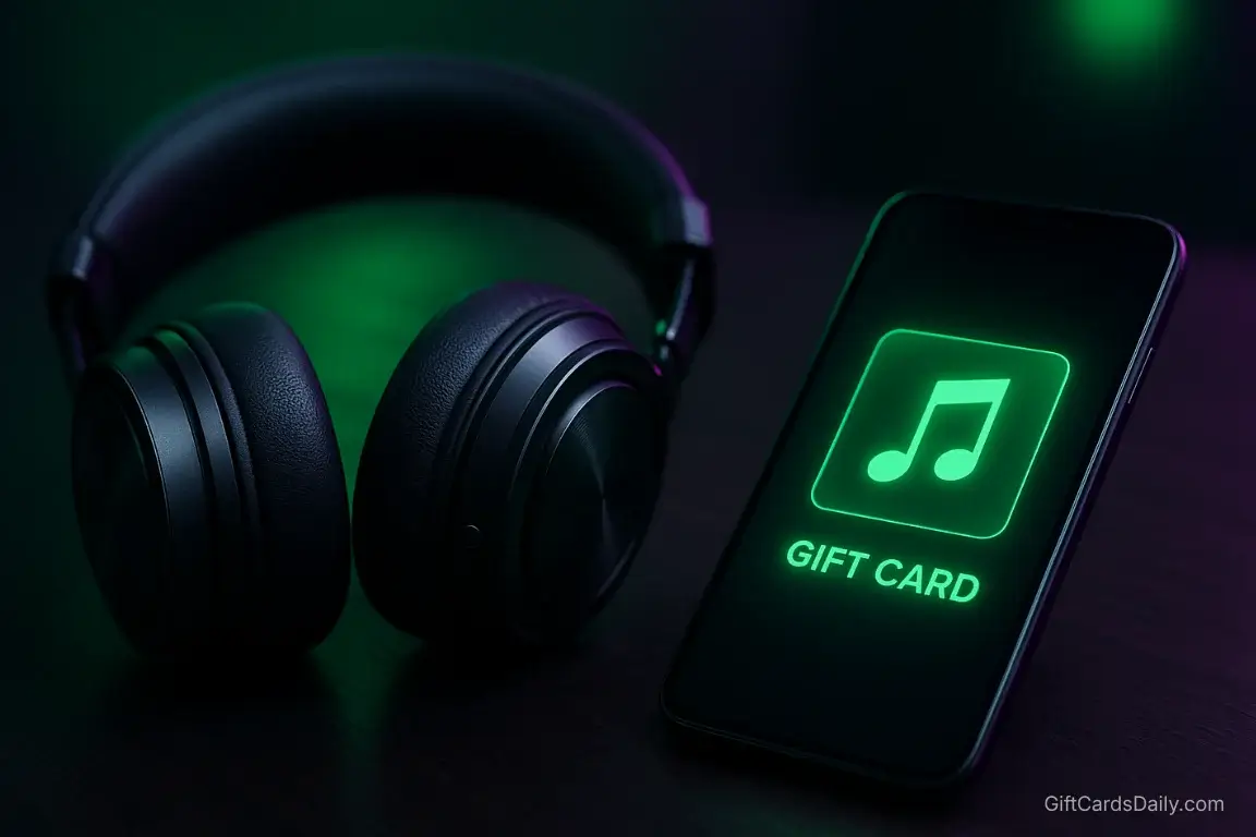 High-end headphones next to a smartphone displaying a digital music gift card reward with ambient green lighting.