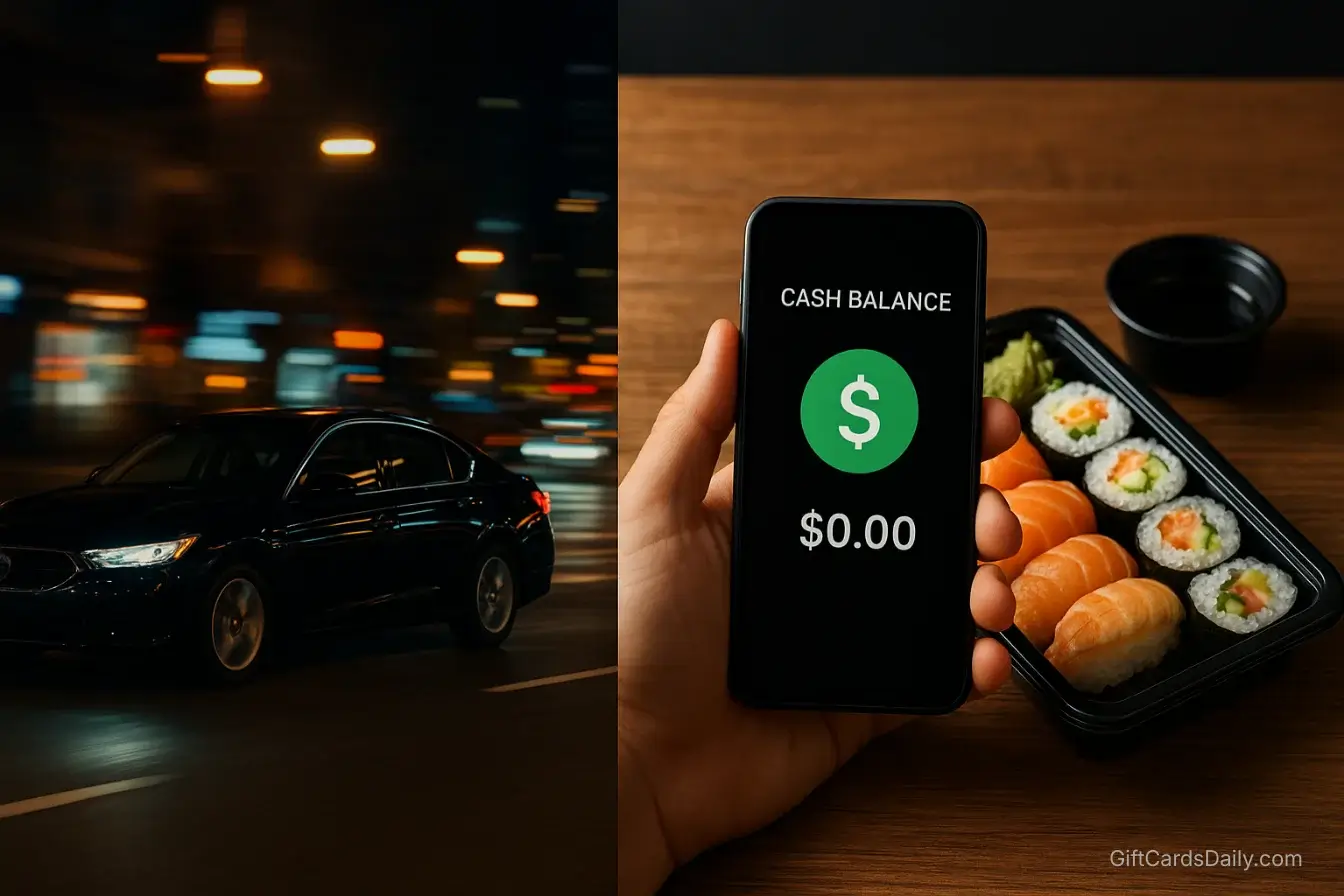 A split-composition image: the left side shows a sleek black car on a city street, and the right side shows a delicious sushi takeout meal, connected by a smartphone in the center.