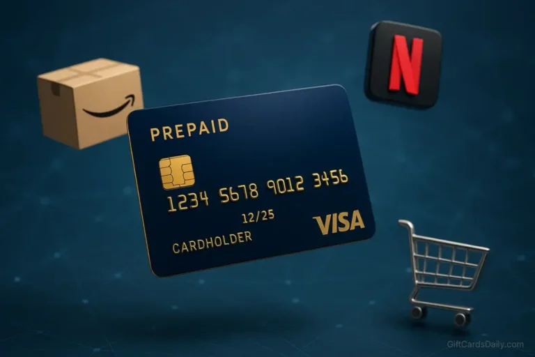 A premium 3D Visa Prepaid card surrounded by shopping boxes and subscription icons, symbolizing universal spending power.