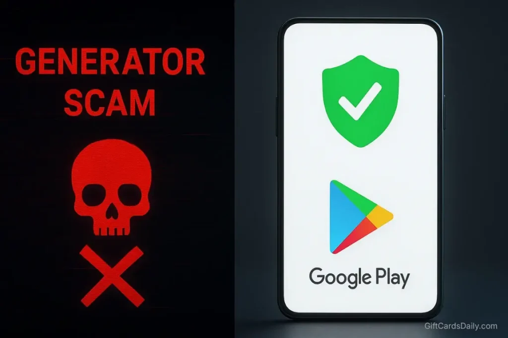 A visual comparison showing a dangerous code generator scam versus a legitimate, secure reward app.