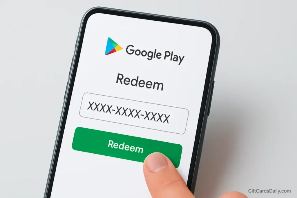A smartphone screen displaying the Google Play Store redemption menu with a gift code entered.