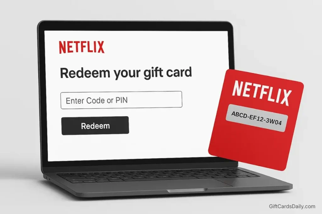 Mockup of the Netflix website redemption page showing where to enter the gift card PIN.