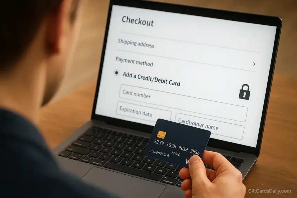 A user entering virtual Visa card details into an online shopping checkout page like Amazon.