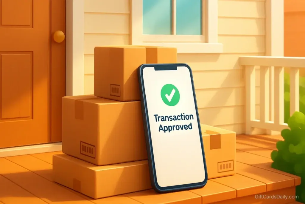 A stack of delivered shopping packages on a doorstep with a phone showing a successful transaction notification.