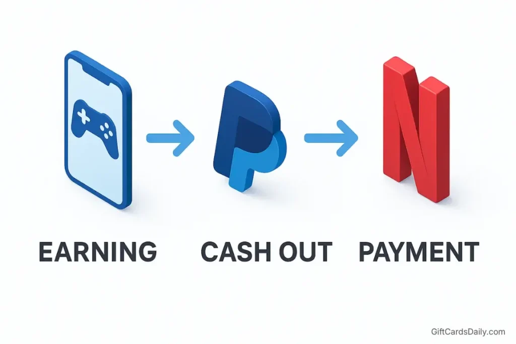 Infographic showing the process of earning points, cashing out to PayPal, and paying for a Netflix subscription.