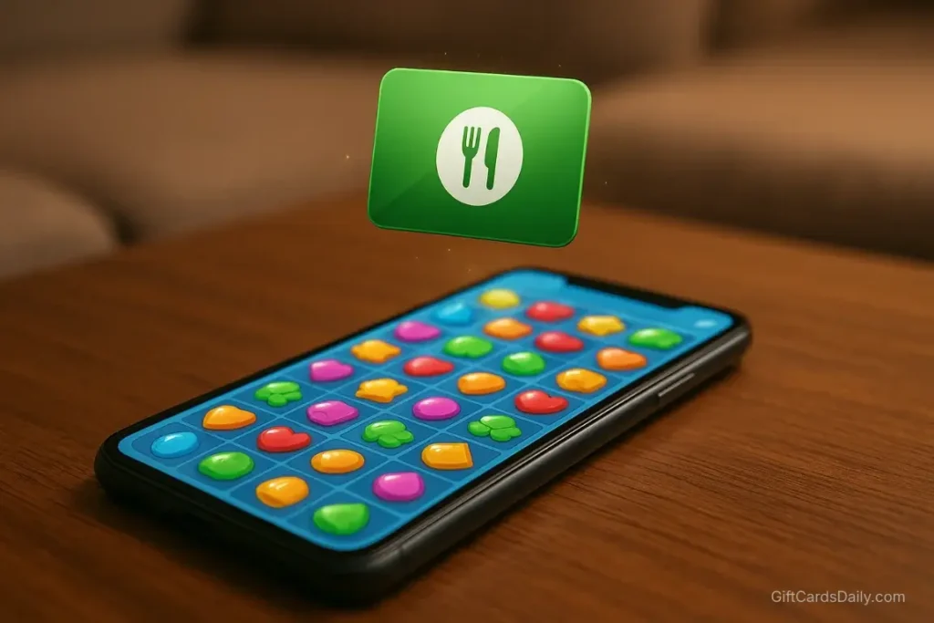 A smartphone showing a puzzle game on a coffee table, with a 3D green gift card icon floating above the screen.