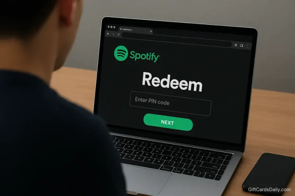 A user redeeming a Spotify gift card code on a laptop browser, illustrating that redemption must be done via website, not the mobile app.