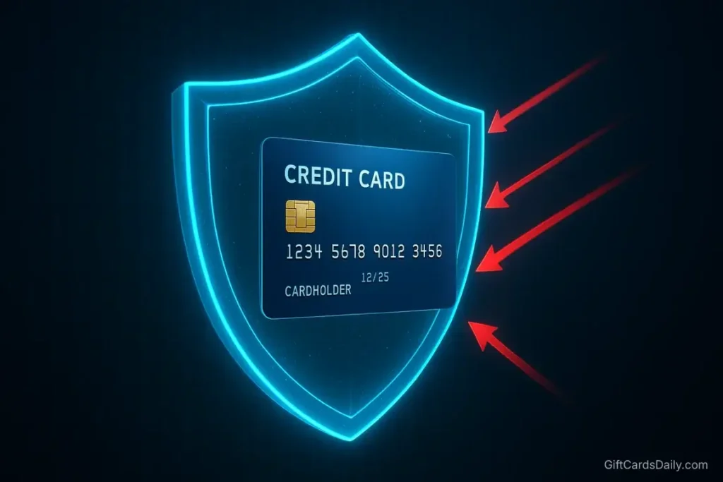 A Visa card protected by a digital cyber-security shield, representing safe and private online transactions.