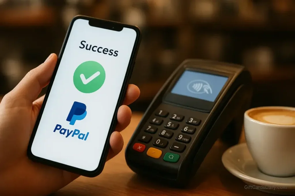 A person using their mobile phone to make a contactless payment, representing spending earned PayPal cash.