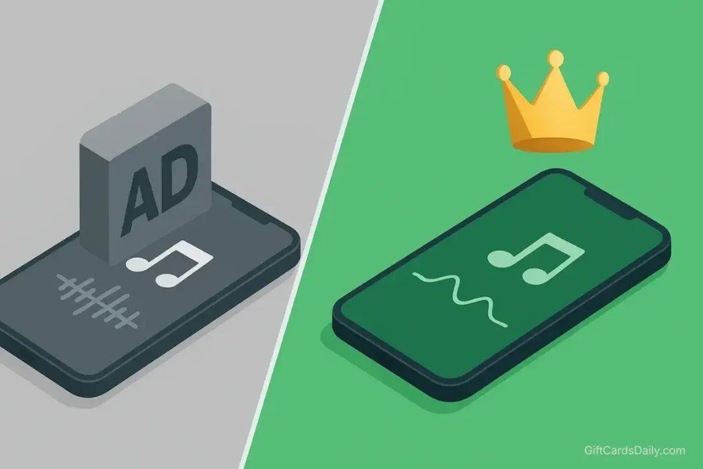 Illustration comparing the ad-interrupted free music experience versus the smooth, ad-free Premium experience.