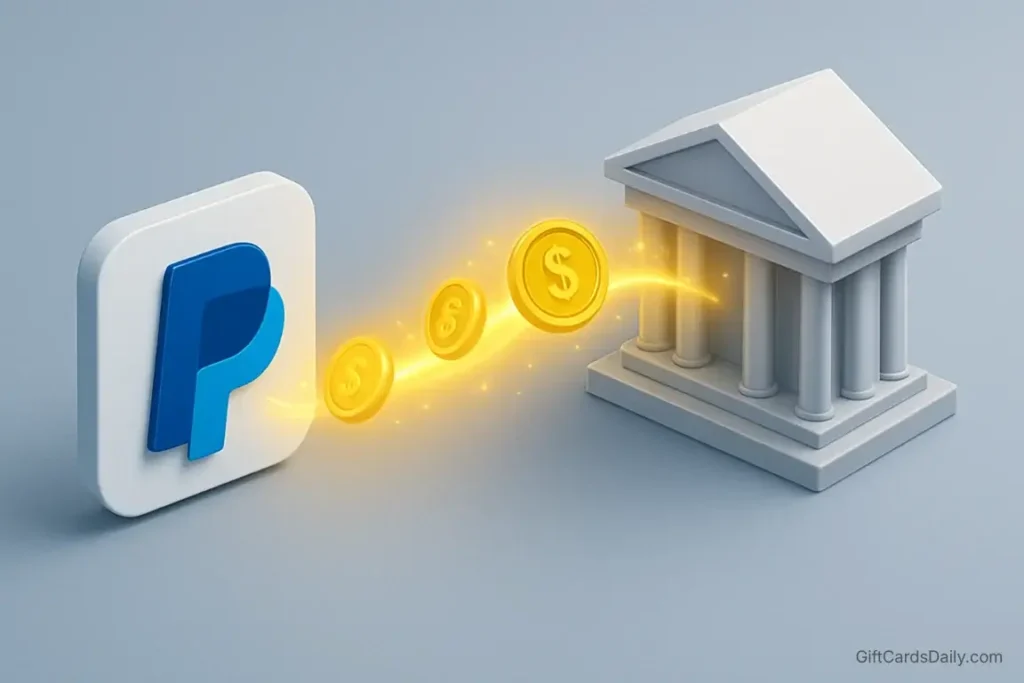 An illustration showing money transferring from a PayPal digital wallet to a traditional bank account.