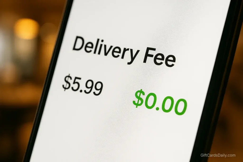 A close-up of a smartphone screen showing a food delivery receipt where the "Delivery Fee" line is highlighted and crossed out to show $0.00.