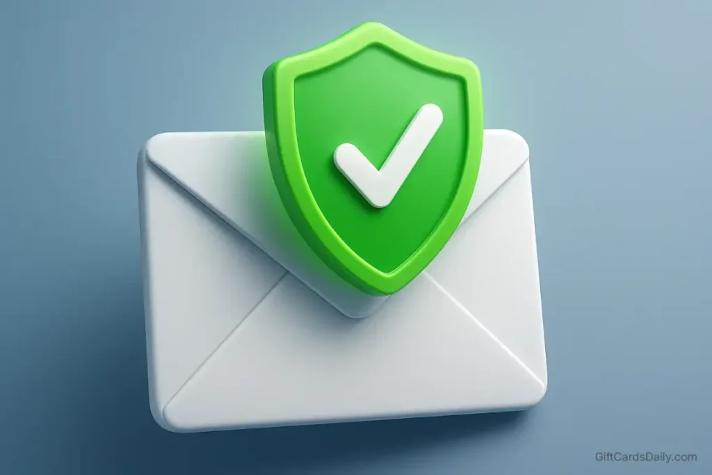 A 3D email envelope icon with a green security checkmark shield indicating a verified account.