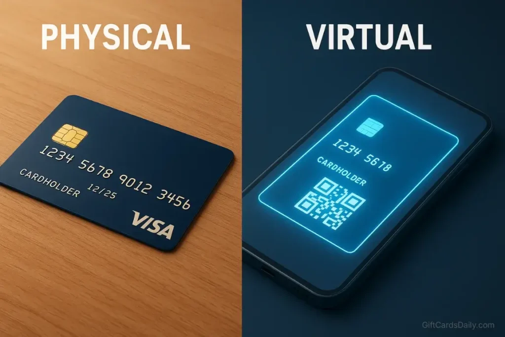 A side-by-side comparison showing a physical plastic Visa card versus a virtual digital Visa card on a smartphone.