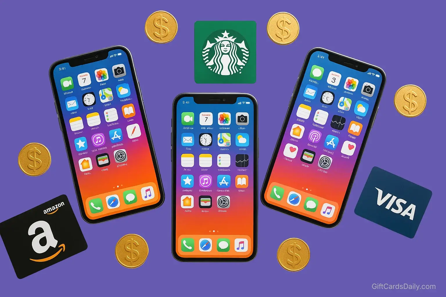 Collection of modern smartphones on a white desk displaying various colorful reward app icons and digital gift cards.