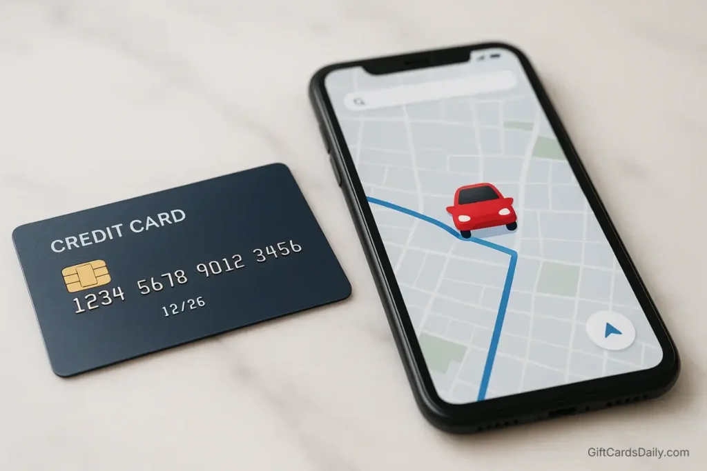 A heavy blue metal credit card resting on a table next to a smartphone showing a red food delivery map interface.