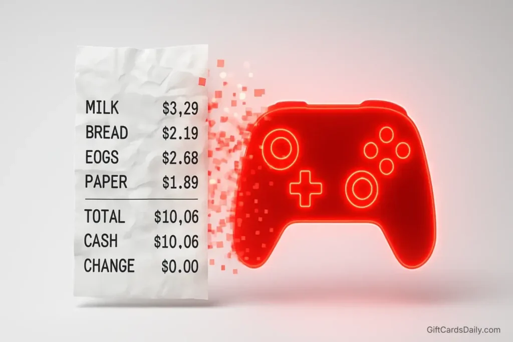 A creative illustration showing a grocery receipt transforming into a Nintendo gaming reward.