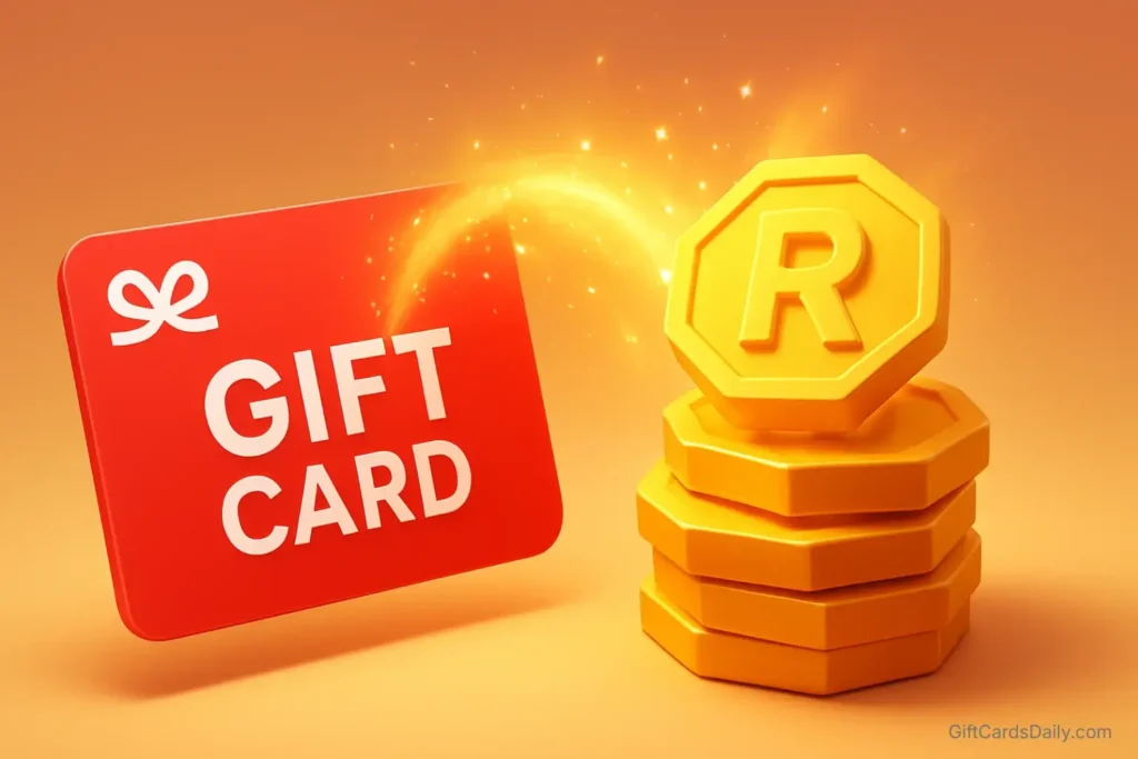 A red Roblox gift card transforming into Robux coins, illustrating the credit conversion process.