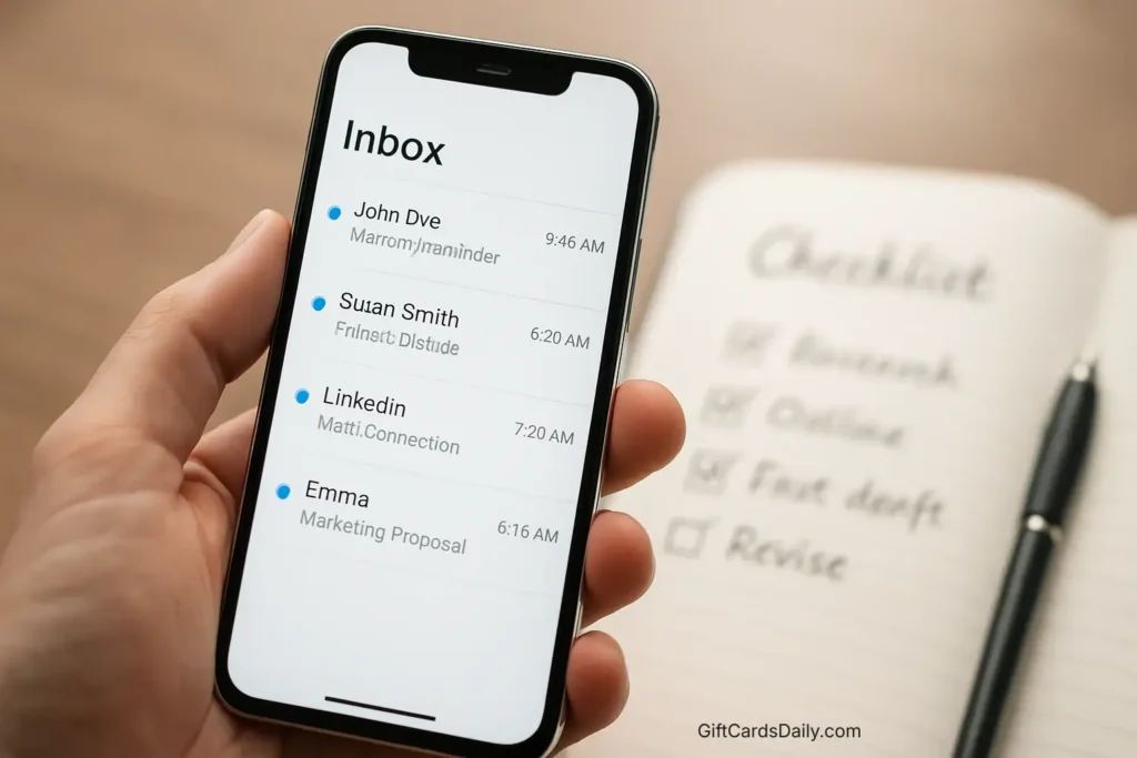 Smartphone showing a well-organized email inbox notification list next to a notebook.