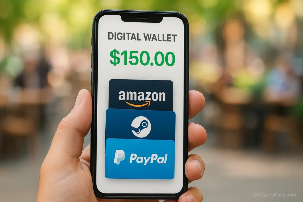 Digital wallet interface showing a balance of earnings and a collection of redeemed gift cards.