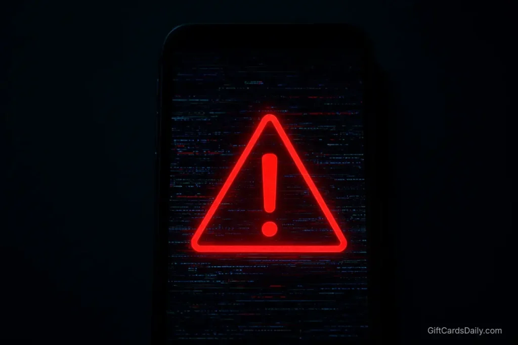 A smartphone screen showing a glitchy, distorted image with a red warning symbol, representing fake gift card generators.