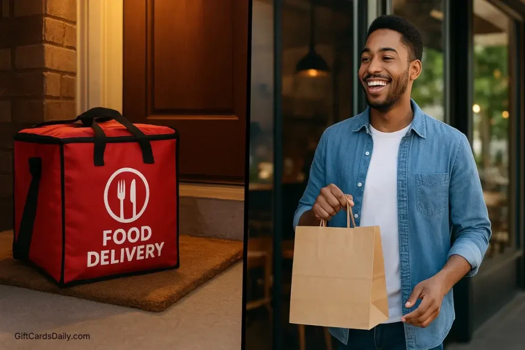 A split-screen comparison: on the left, a red delivery bag at a door; on the right, a happy person holding a takeout bag outside a restaurant.