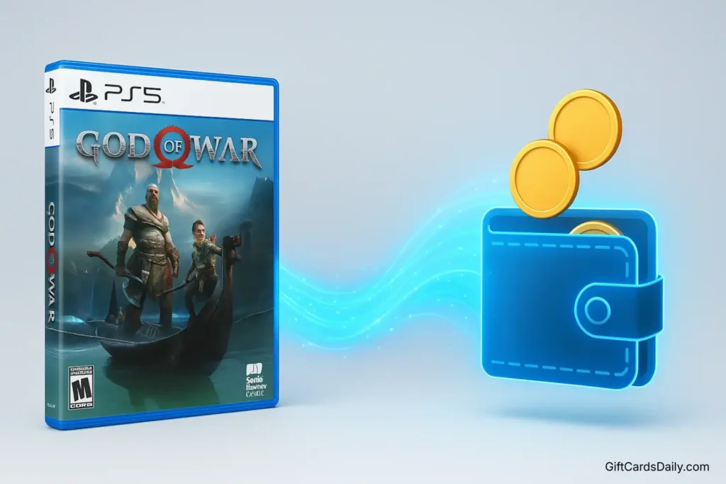 A physical PS5 game transforming into digital wallet funds, illustrating cashback rewards.