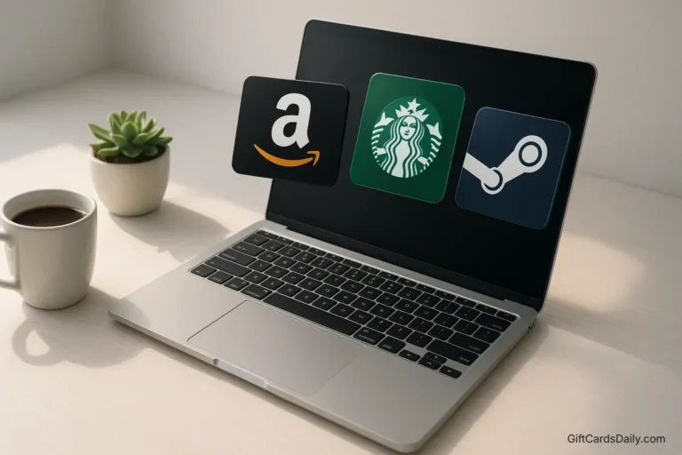Laptop on a clean white desk with digital gift card icons for Amazon and Starbucks floating above the screen.