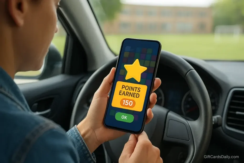 A parent playing a reward game on their phone while waiting in a car, illustrating how to earn points during downtime.
