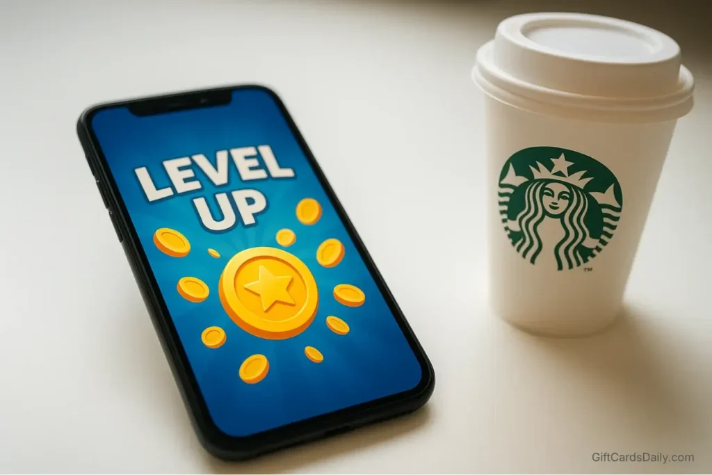 A smartphone on a desk showing a colorful mobile game victory screen with gold coins, sitting next to a Starbucks coffee cup.