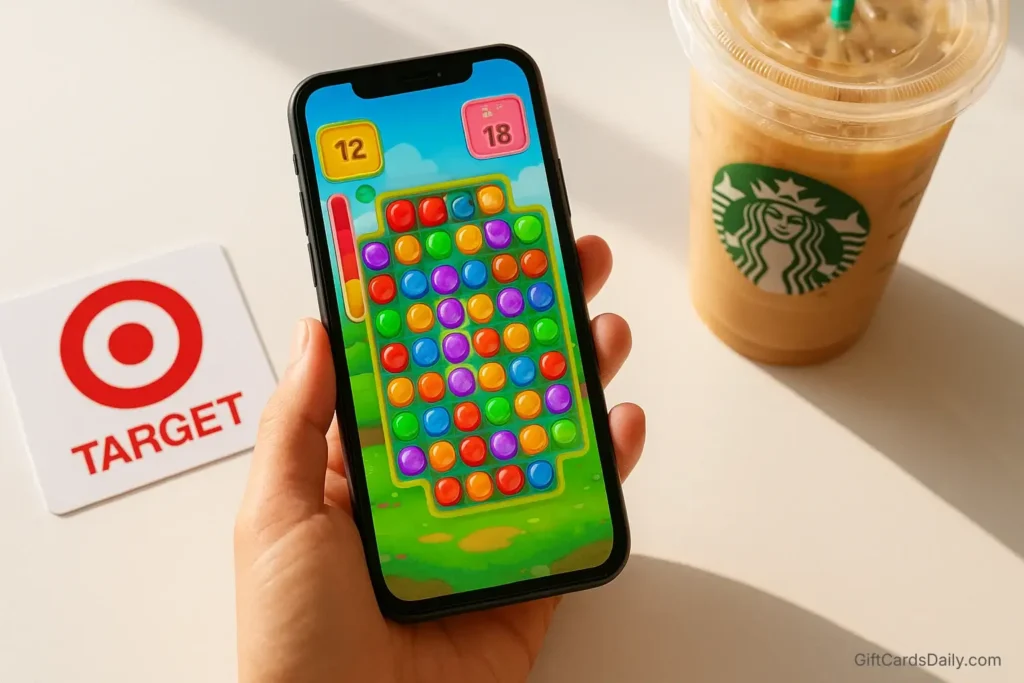 A person playing a mobile game on a smartphone next to a Target gift card and an iced coffee.