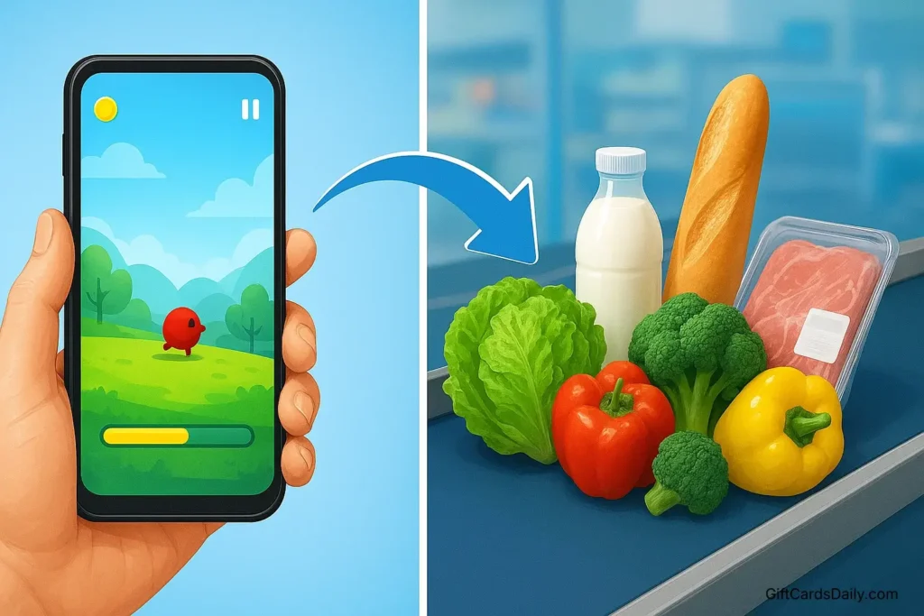 A split-screen illustration showing a user playing a game on a phone on one side and groceries on a conveyor belt on the other.