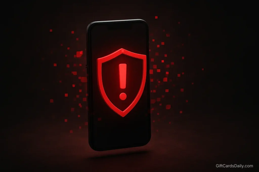 3D illustration of a smartphone screen with a red warning shield and a broken padlock.