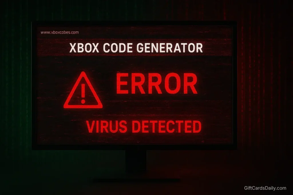 A computer screen showing a fake Xbox code generator with a red virus warning.