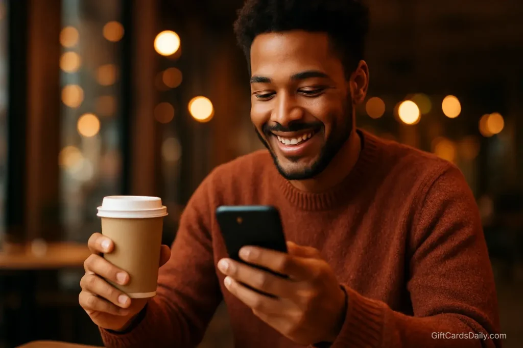 Happy person holding a free coffee cup and looking at a smartphone, enjoying survey rewards.