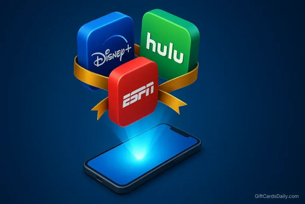 Illustration showing the Disney, Hulu, and ESPN+ bundle being unlocked via mobile rewards.