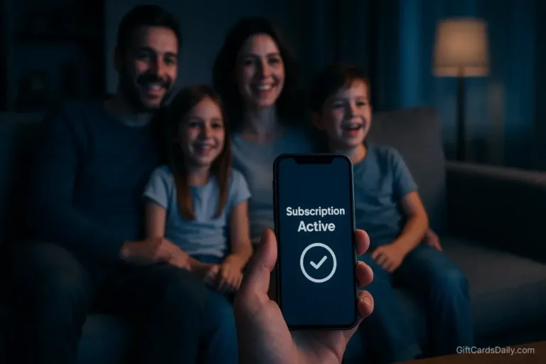 A family watching TV together while a user holds a smartphone showing a redeemed Disney Plus subscription reward.