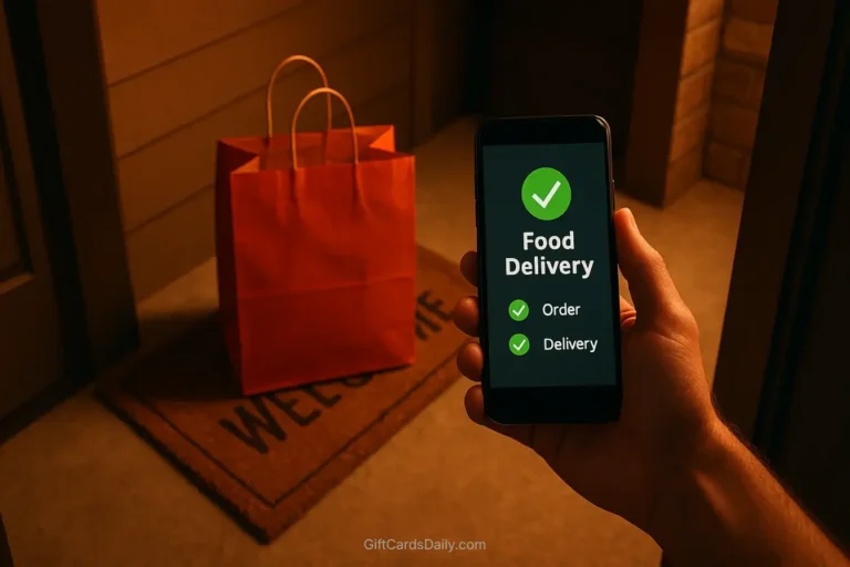 A first-person view of someone opening their front door to find a red food delivery bag, while holding a smartphone displaying a zero-dollar order total.
